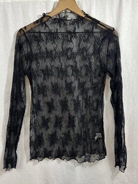Zenana Black Sheer Lace Floral Mock Neck Boho Dark Romantic Top Womens Sz L